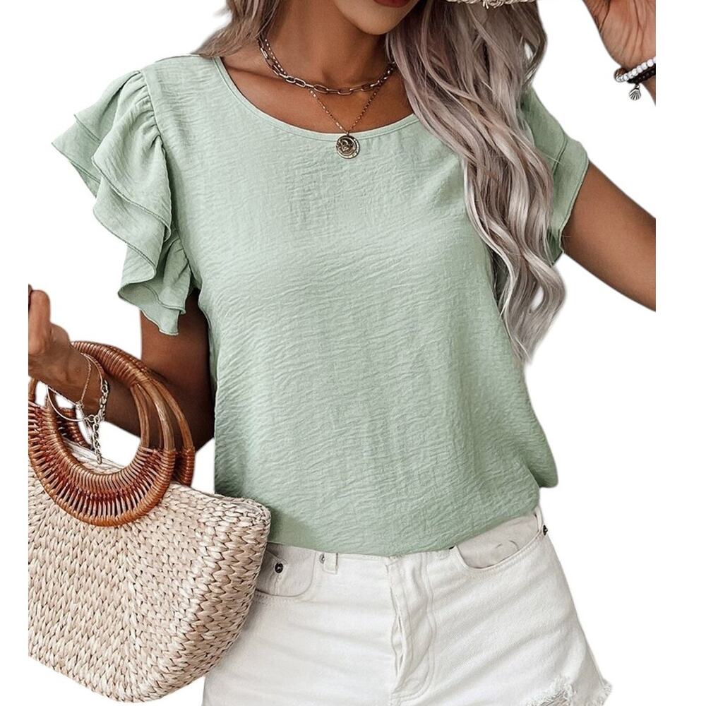 Aqua Green  Ruffled Short Sleeve Top  New Small